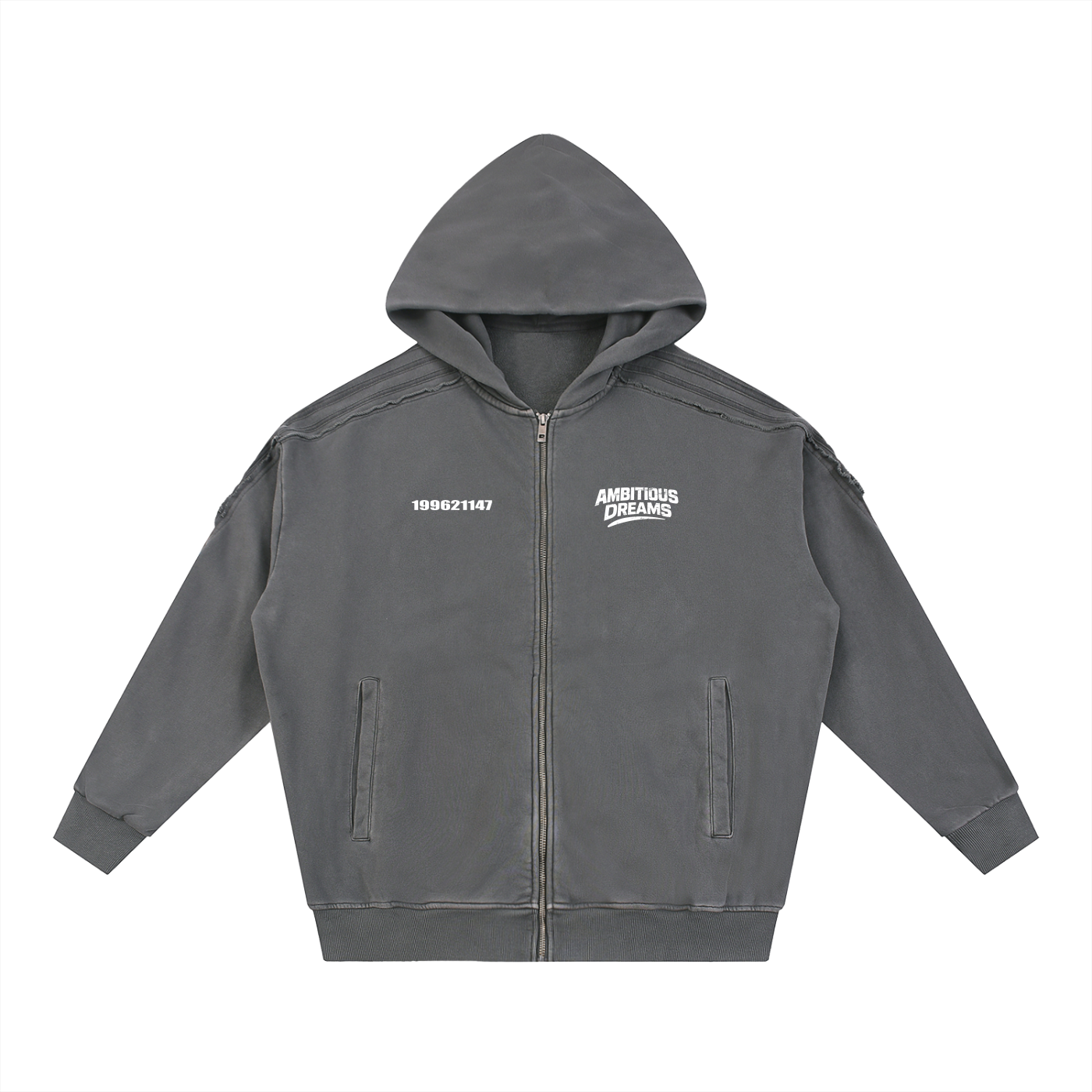 Ambitious Dreams Snow Washed Tape Raw Edge Zip Hoodie