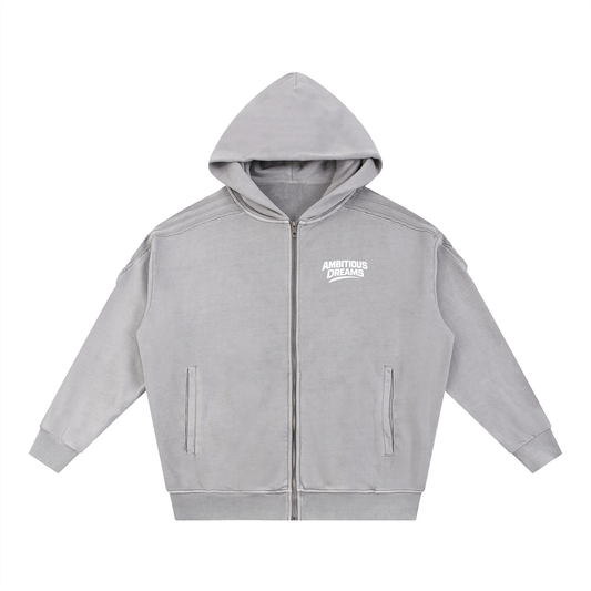 Ambitious Dreams Snow Washed Tape Raw Edge Zip Hoodie