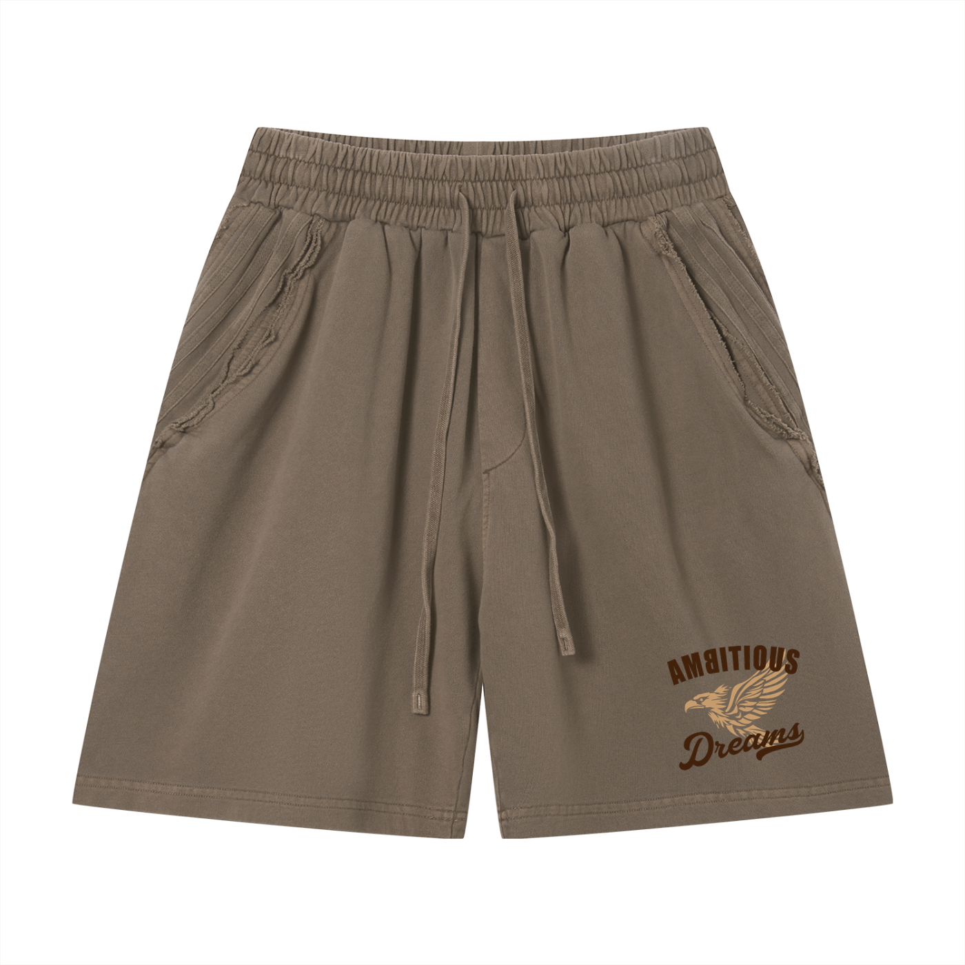Ambitious Dreams Unisex Vintage Wash Raw Edge Shorts (Brown/Tan)