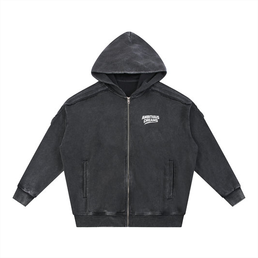 Ambitious Dreams Snow Washed Tape Raw Edge Zip Hoodie