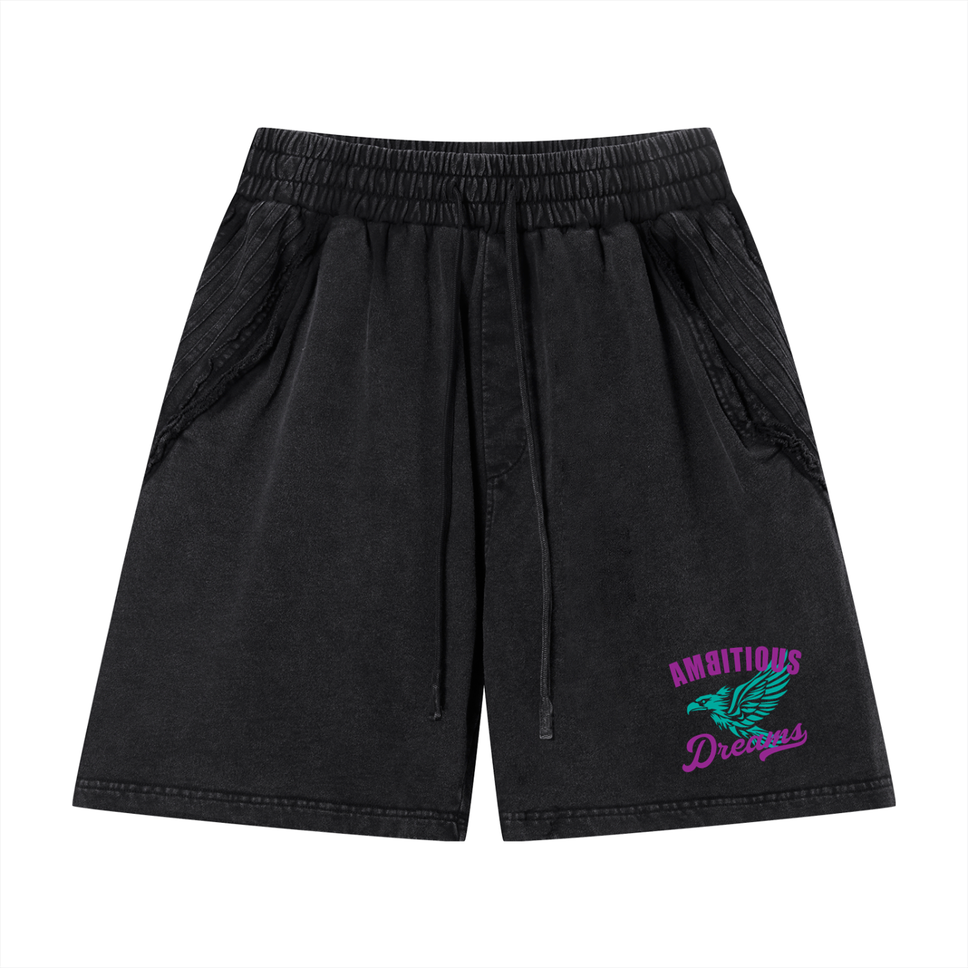Ambitious Dreams Unisex Vintage Wash Raw Edge Shorts (Purple/Turqoise)