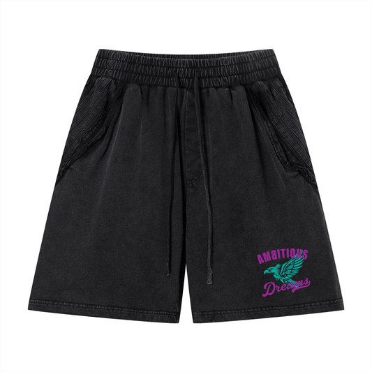 Ambitious Dreams Unisex Vintage Wash Raw Edge Shorts (Purple/Turqoise)