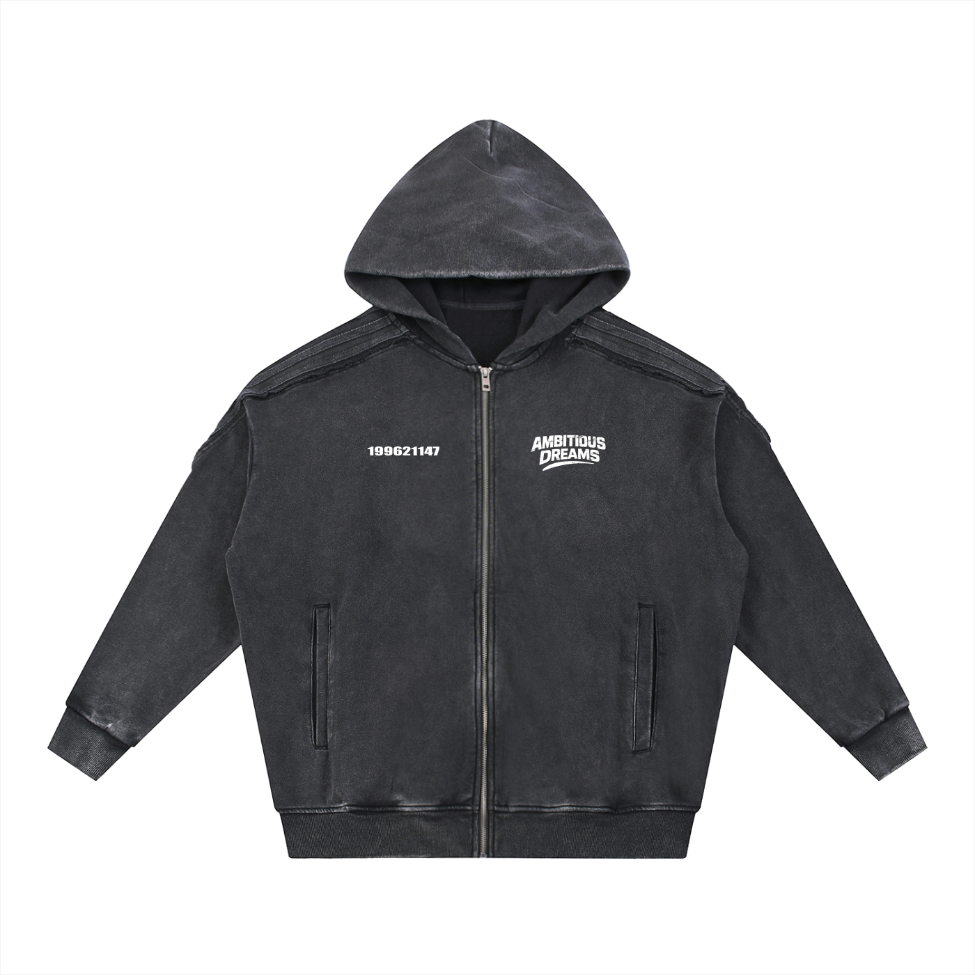 Ambitious Dreams Snow Washed Tape Raw Edge Zip Hoodie